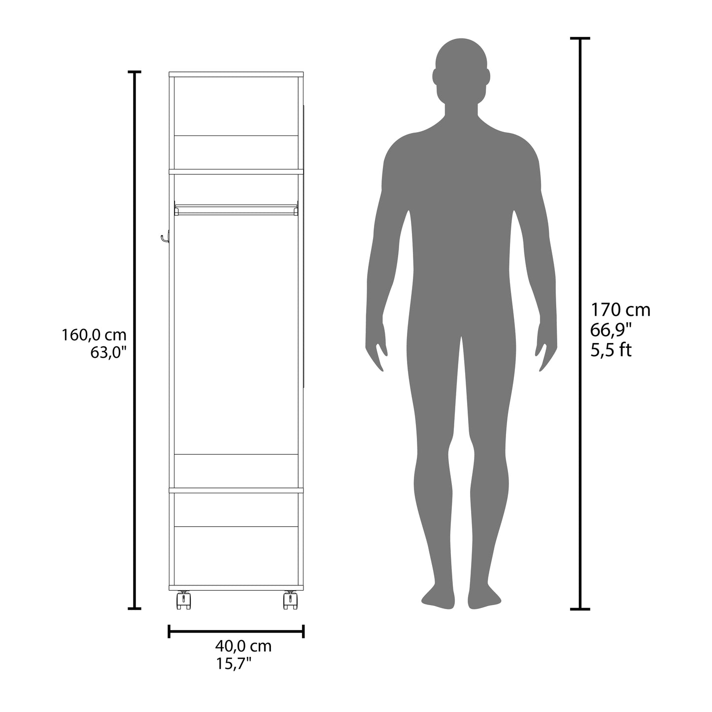 Cluster 63" Tall Wardrove with Mirror, Three Shelves, Casters and Hanging Rod, Armoire, Bedroom Clothes Storage, Cabinet Organizer