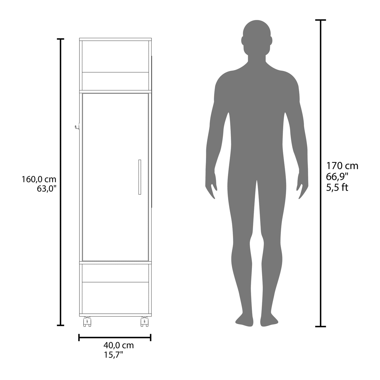 Cluster 63" Tall Wardrove One-Door Cabinet with Mirror, Three Shelves, Casters and Hanging Rod, Armoire, Bedroom Clothes Storage, Cabinet Organizer