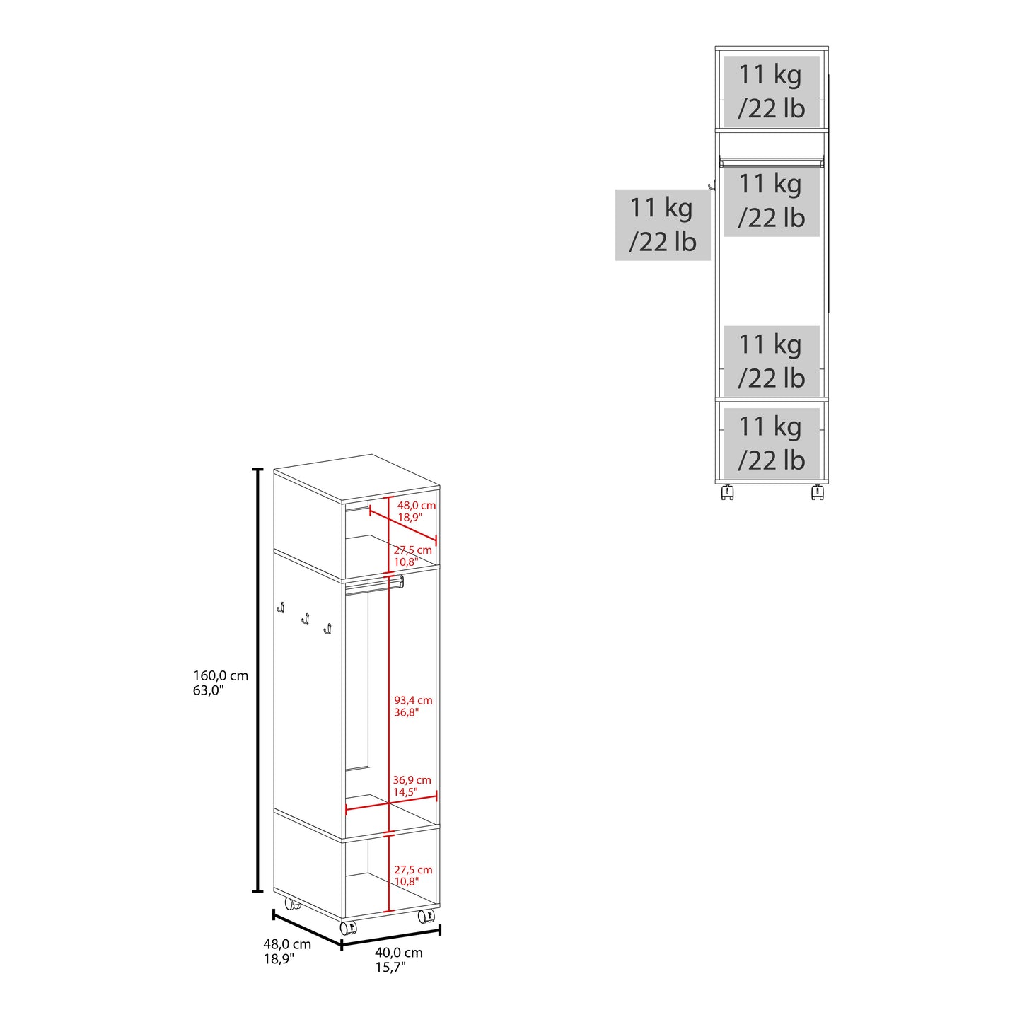 Cluster 63" Tall Wardrove One-Door Cabinet with Mirror, Three Shelves, Casters and Hanging Rod, Armoire, Bedroom Clothes Storage, Cabinet Organizer