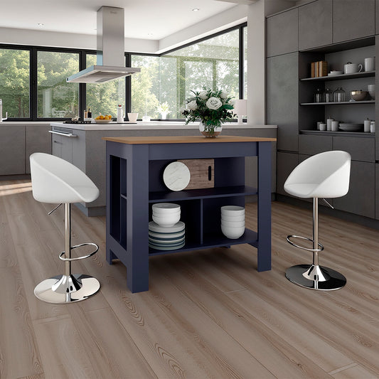 Cala Kitchen Island, Three Open Shelves, One Top Shelf, Four Legs, Modern Kitchen Decor And Organizer