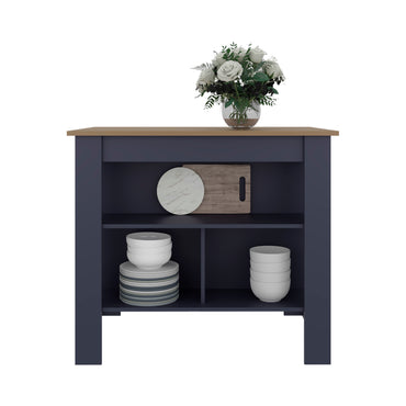 Cala Kitchen Island, Three Open Shelves, One Top Shelf, Four Legs, Modern Kitchen Decor And Organizer