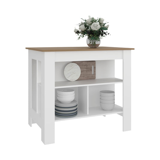 Tuhome Cala Kitchen Island with Spacious Tabletop, Three Open Storage Shelves, Four Sturdy Legs and Comfortable Meal Prep Workstation Design for Modern, Functional and Organized Everyday Culinary Spaces