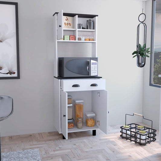 Salen Kitchen Pantry with Two Cabinets, Two Open Shelves and Built-In Drawer, Multi-Section Storage Unit for Organizing Food, Utensils and Kitchen Essentials with Space-Saving Vertical Design for Modern Homes