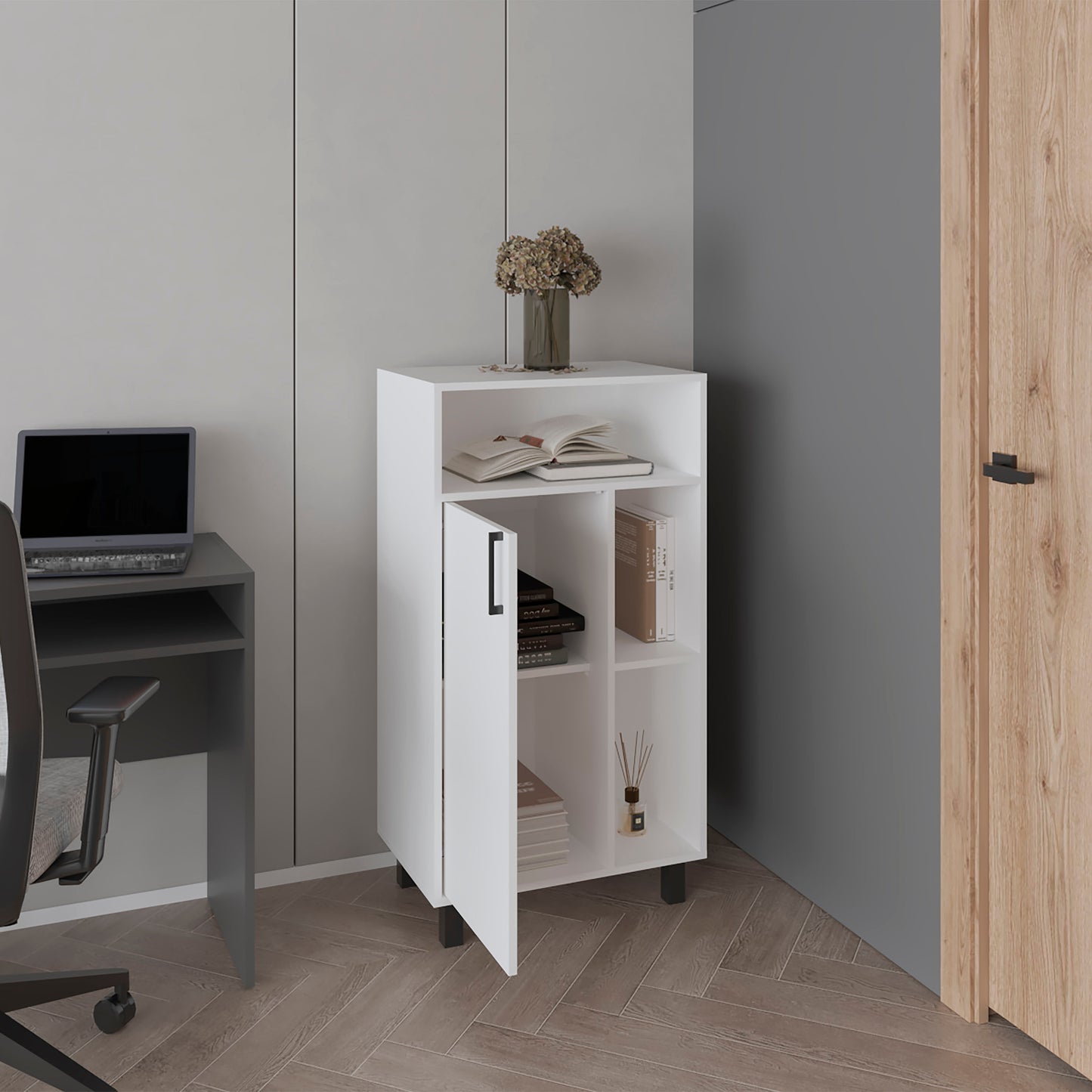 Bryce Base Cabinet, Compact Organizer, With One Door, Open Shelves And Top Display Space
