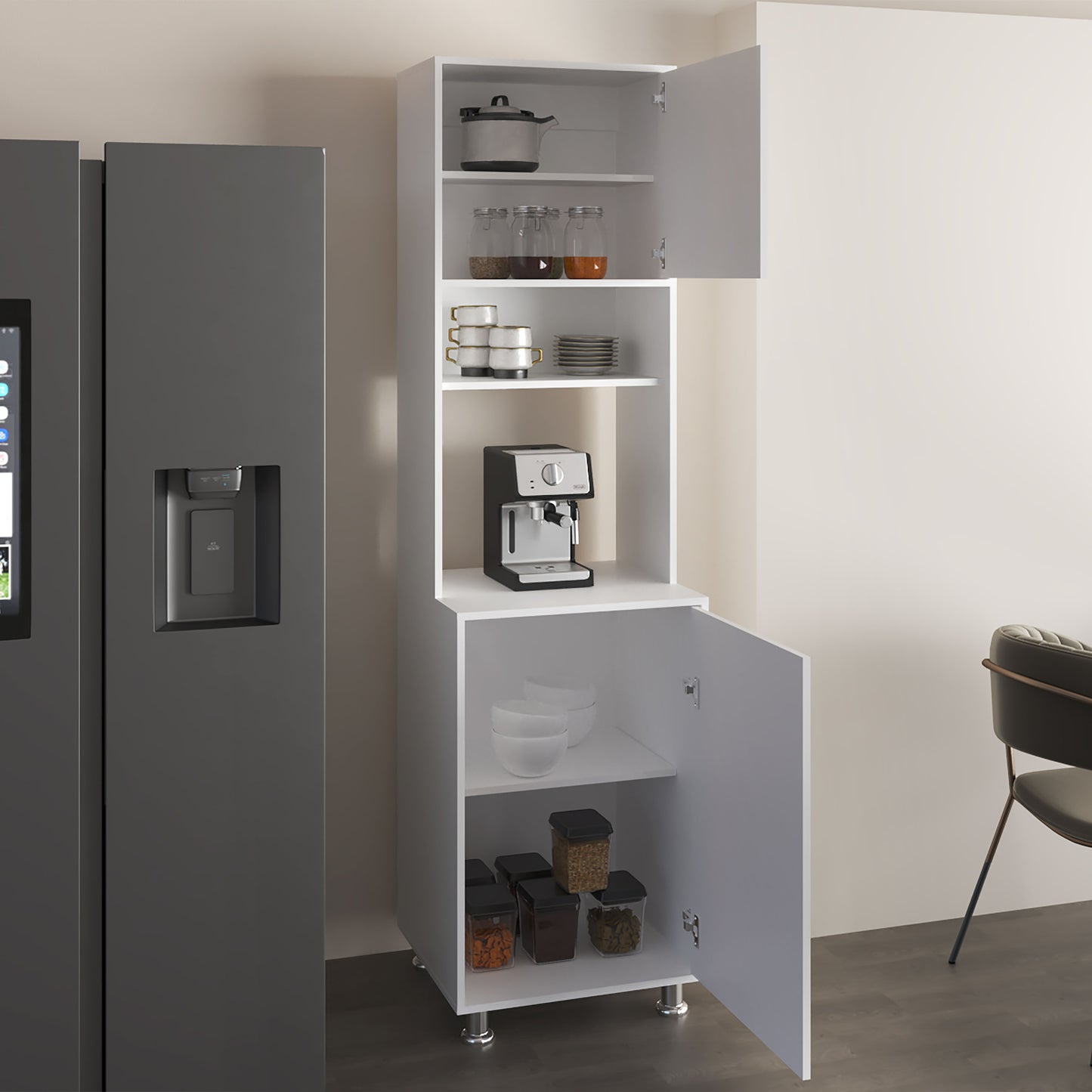 Antares Kitchen Pantry Cabinet With Two Doors, Open Middle Shelf And Upper Storage
