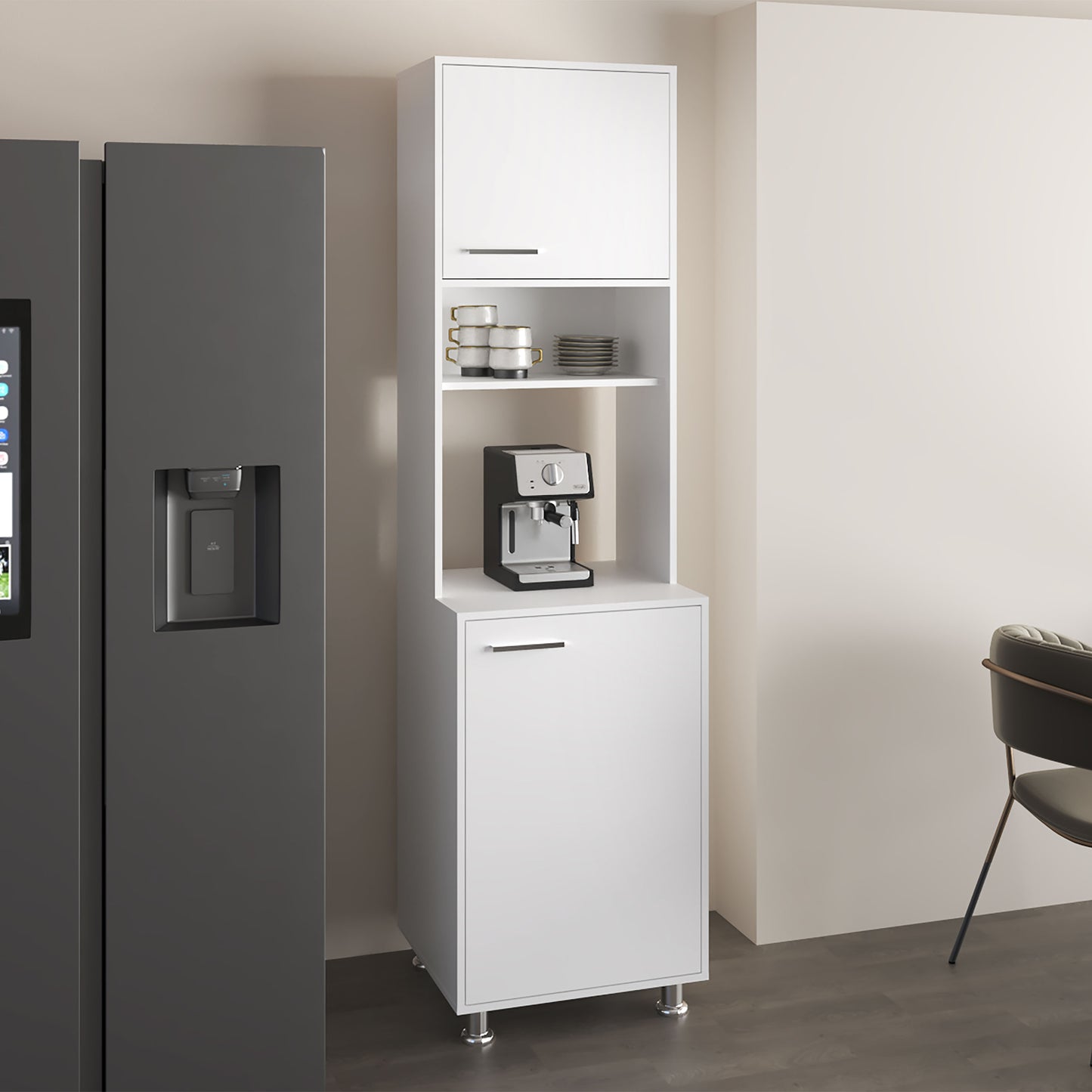 Antares Kitchen Pantry Cabinet With Two Doors, Open Middle Shelf And Upper Storage
