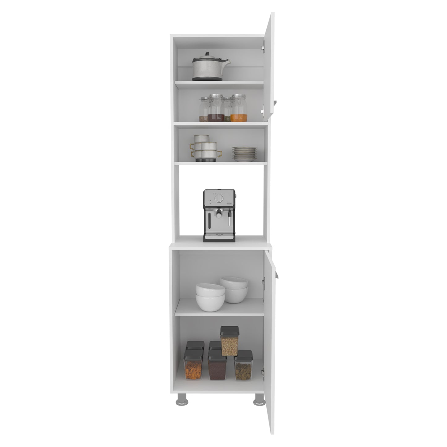 Antares Kitchen Pantry Cabinet With Two Doors, Open Middle Shelf And Upper Storage