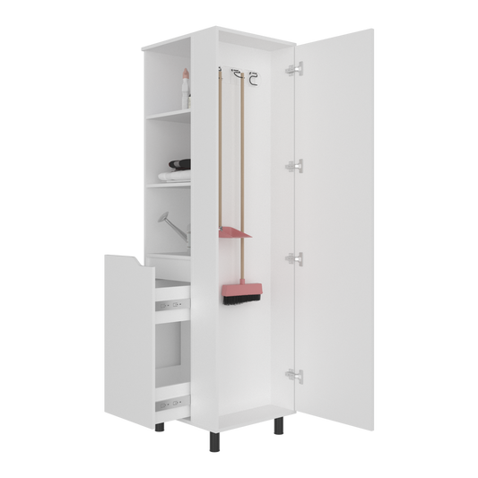 Vidalia Broom Cabinet for Home and Utility Storage, Tall Cleaning Supply Organizer with Enclosed Design for Laundry Room or Kitchen Use, Space-Saving Storage Solution, White Finish