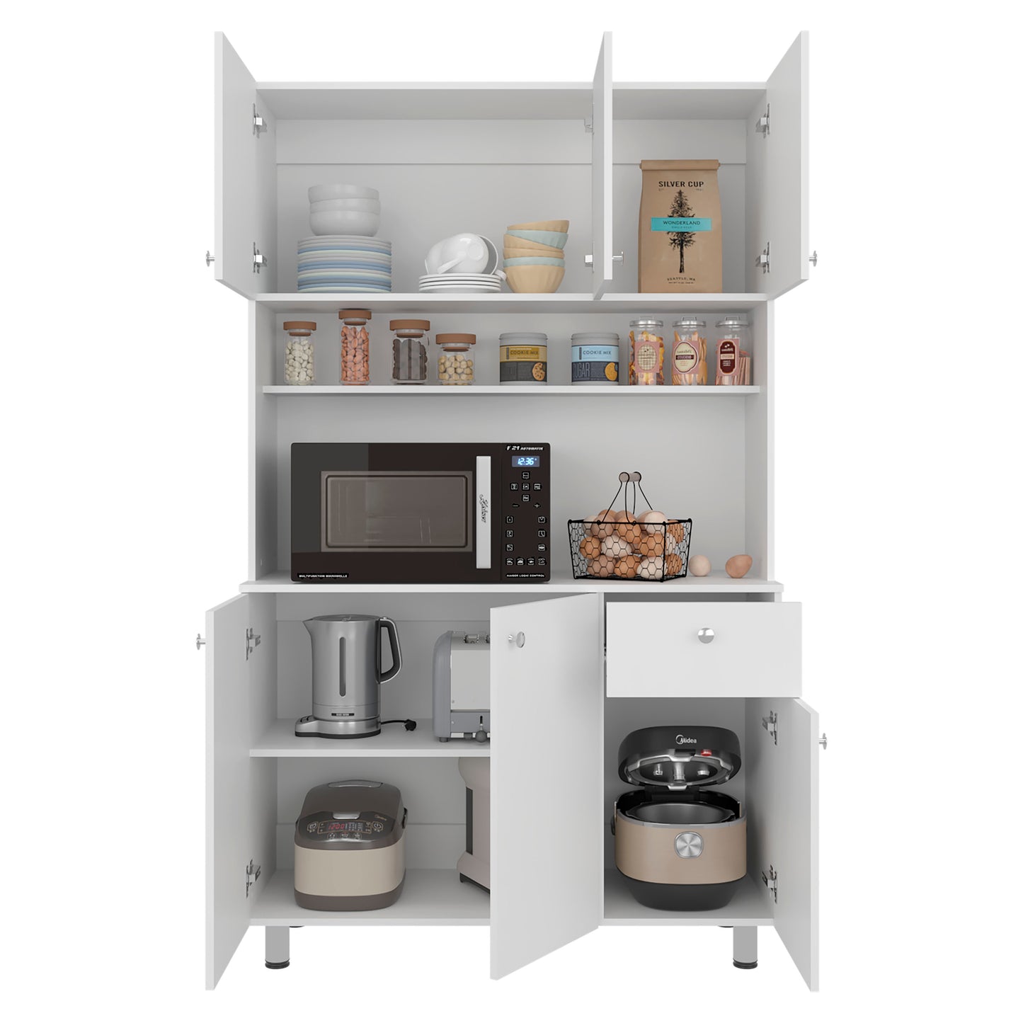 Wilson 6 Door Multi-Functional Kitchen Microwave Pantry Cabinet with One Drawer and 6 Interior Storage Compartments, Spacious Open Countertop and, Open Upper Shelf