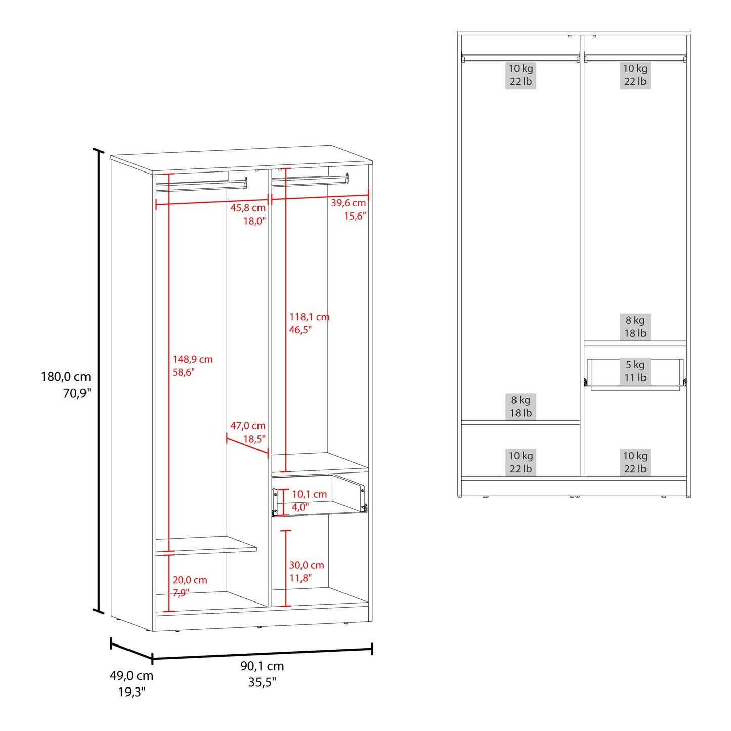 Alder 2-Door One Drawer Amoire With 2 Cabinets, Two Hanging Rods And Four Shelves