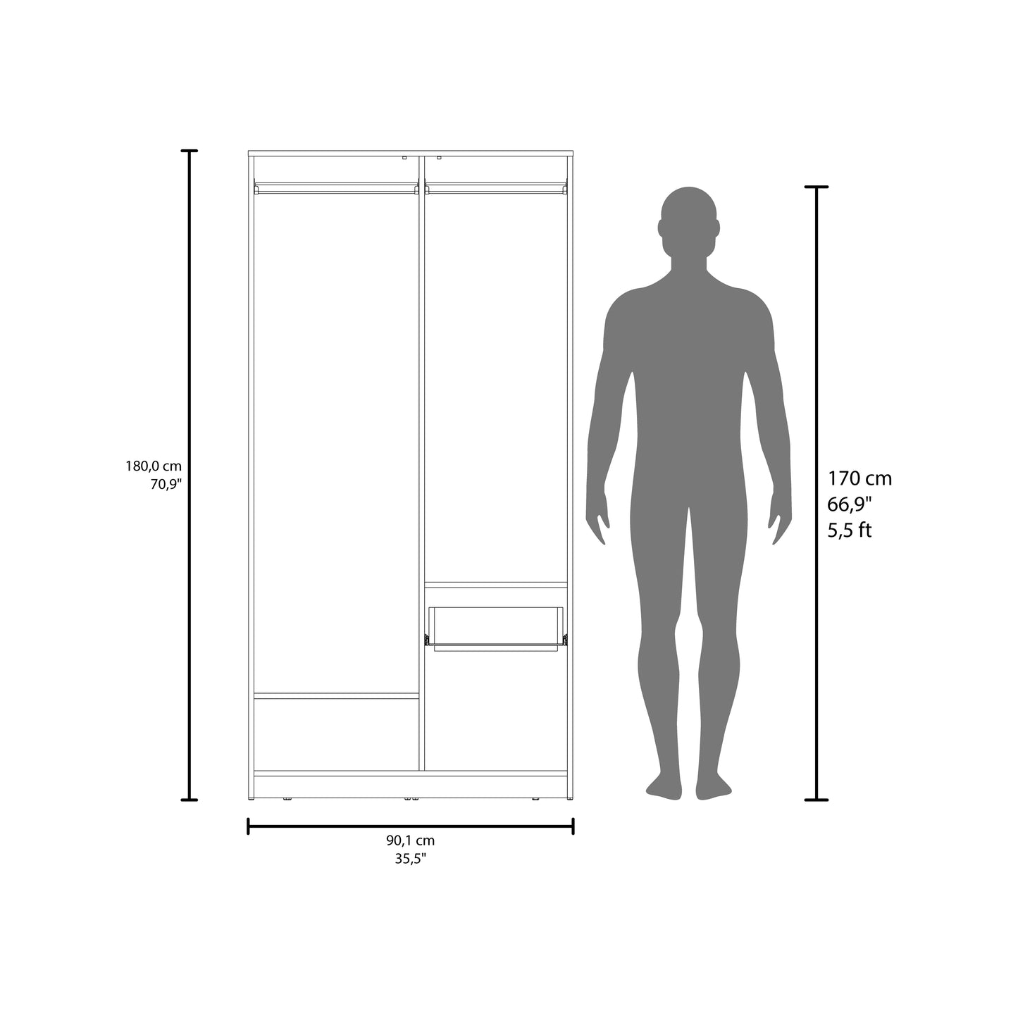 Alder 2-Door One Drawer Amoire With 2 Cabinets, Two Hanging Rods And Four Shelves