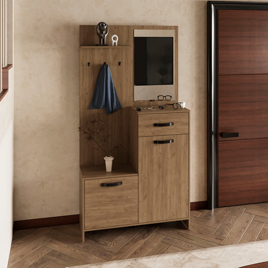 Parker 75" Tall Mirrored Hall Tree with Three Shelves, Two Storage Cabinets, One Drawer & Coat Hangers, Entryway Storage Organizer and Console Table for Living Room or Foyer