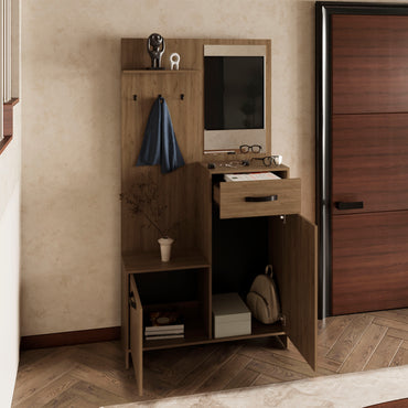 Parker 75" Tall Mirrored Hall Tree with Three Shelves, Two Storage Cabinets, One Drawer & Coat Hangers, Entryway Storage Organizer and Console Table for Living Room or Foyer