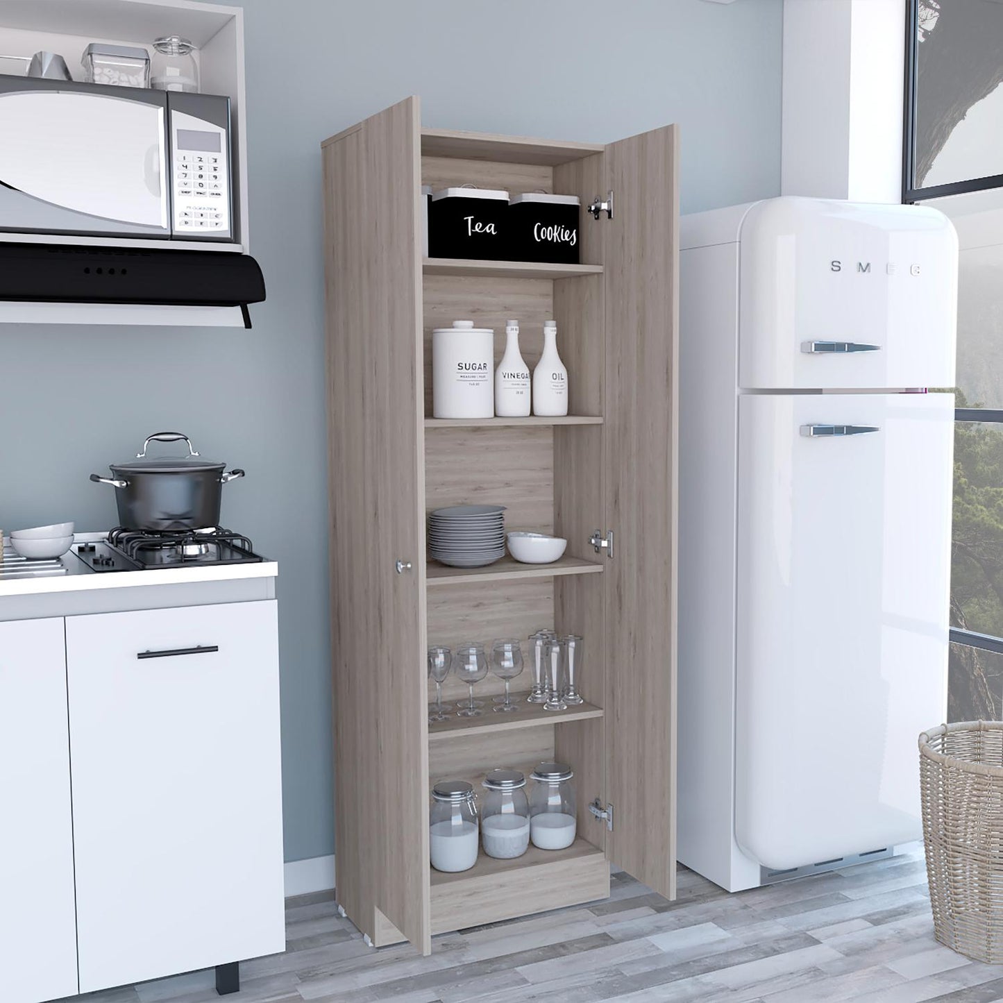Lombardi Tall Cabinet with Five Drawers, Kitchen Pantry
