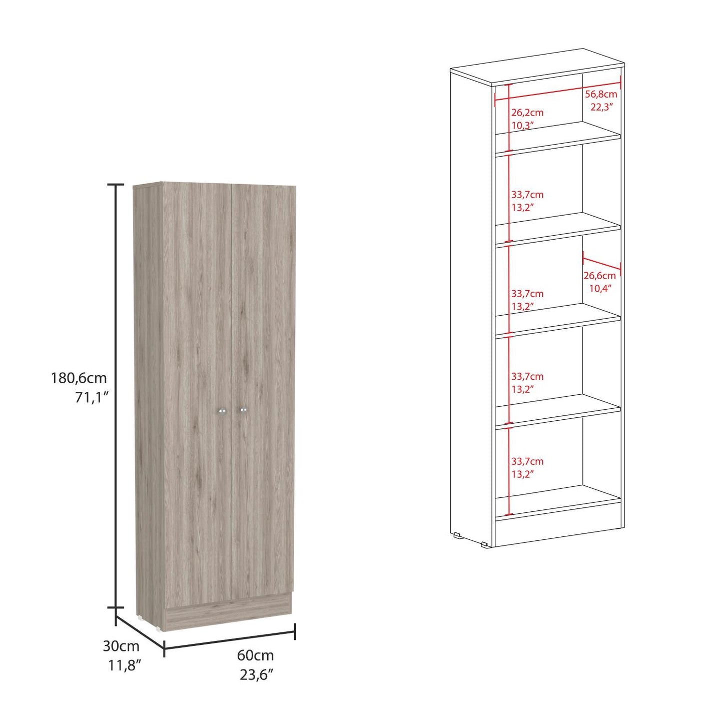 Lombardi Tall Cabinet with Five Drawers, Kitchen Pantry