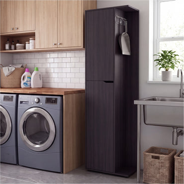 Austin Storage Broom Closet with Magnetic-Closure Doors, Tall Multi-Purpose Utility Cabinet for Cleaning Supplies, Durable Engineered Wood Construction and Space-Saving Design