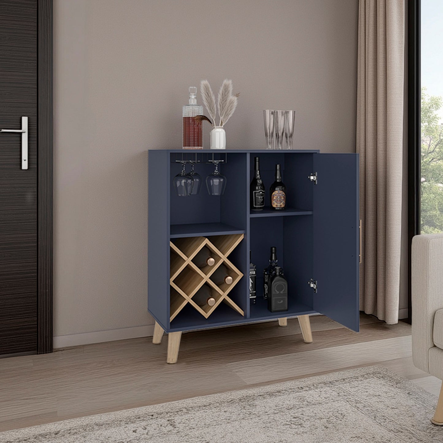 Cave Low Bar Cabinet with Open Storage, Modern Bar Furniture for Living Room or Entertainment Area