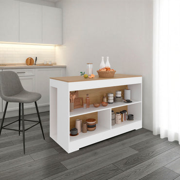 Modern kitchen island with wooden top and shelves in a bright kitchen setting.