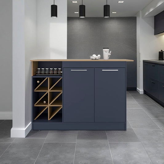 Lugano Kitchen Island with Open Shelves, Side Compartments For Bottles, Spacious Storage and Counter Space for Kitchen Organization