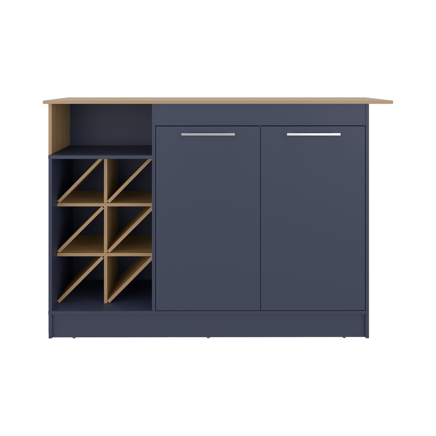 Lugano Kitchen Island with Open Shelves, Side Compartments For Bottles, Spacious Storage and Counter Space for Kitchen Organization