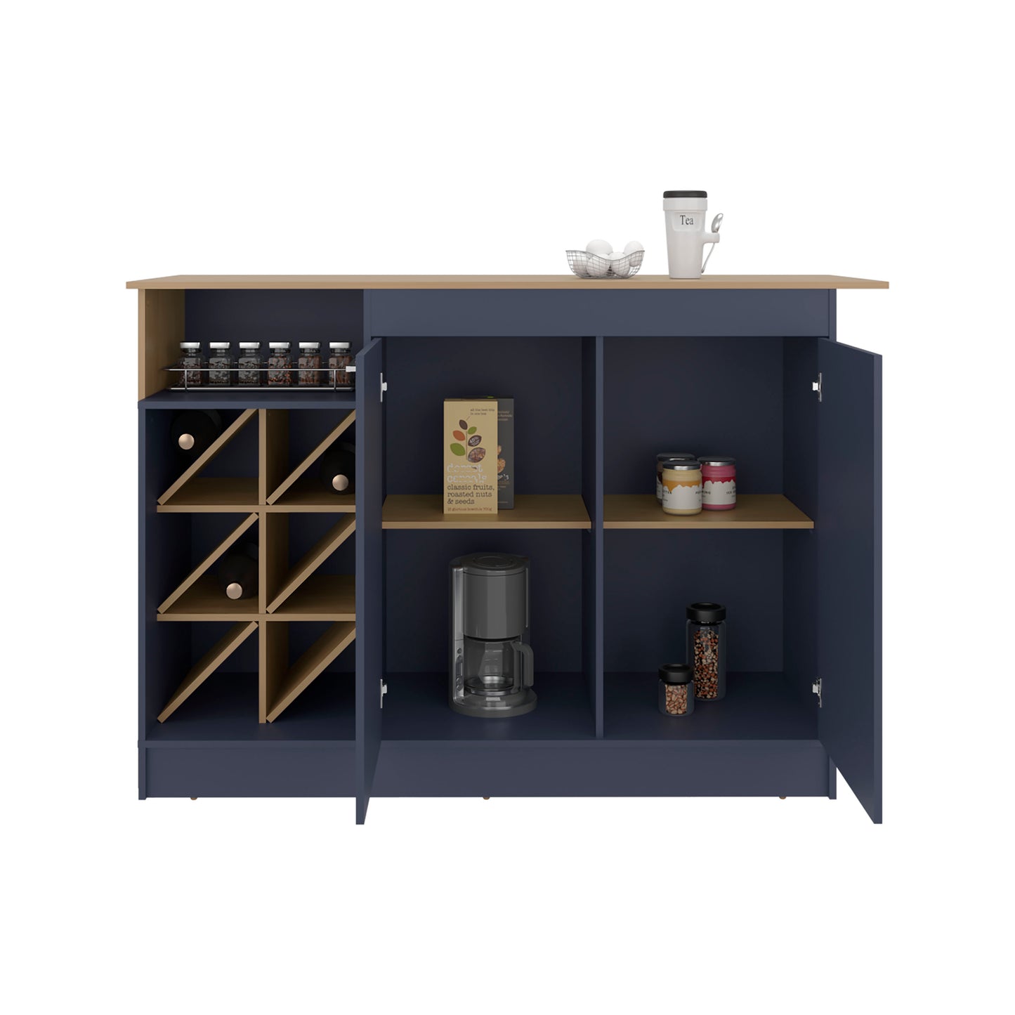 Lugano Kitchen Island with Open Shelves, Side Compartments For Bottles, Spacious Storage and Counter Space for Kitchen Organization