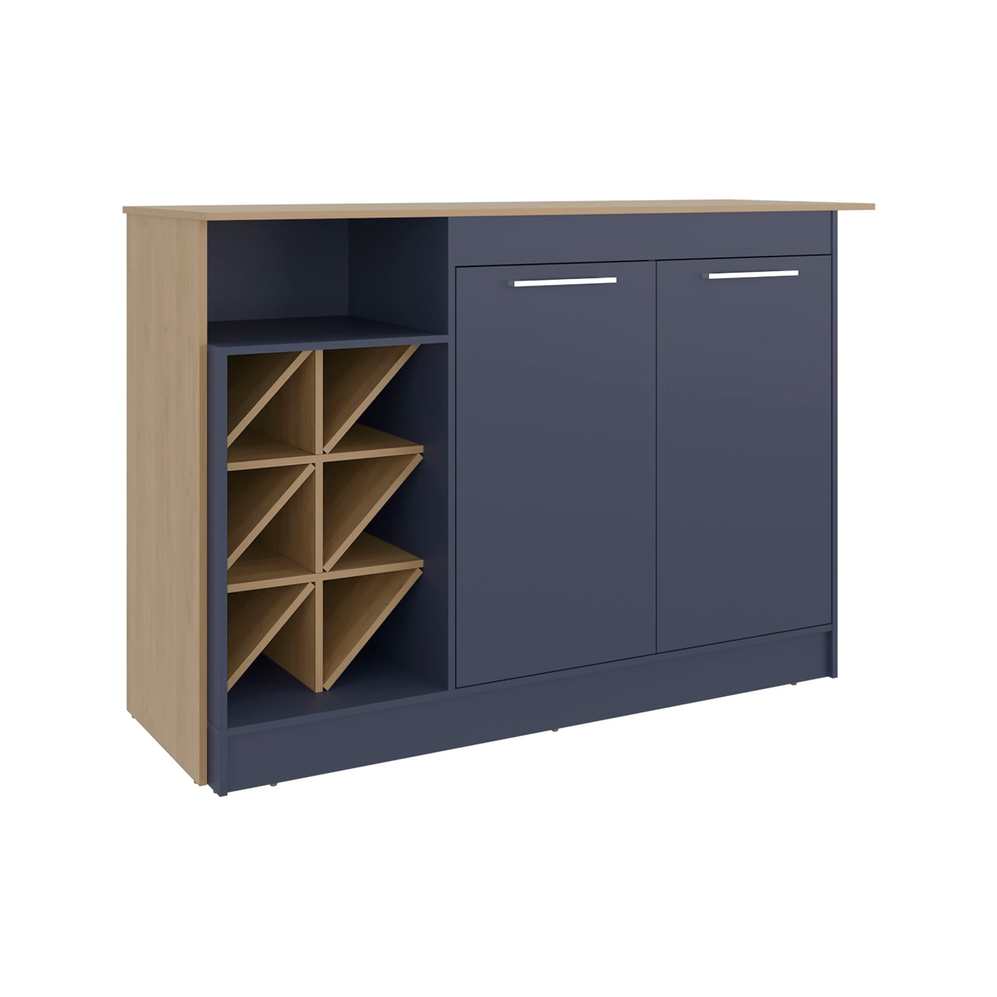 Lugano Kitchen Island with Open Shelves, Side Compartments For Bottles, Spacious Storage and Counter Space for Kitchen Organization