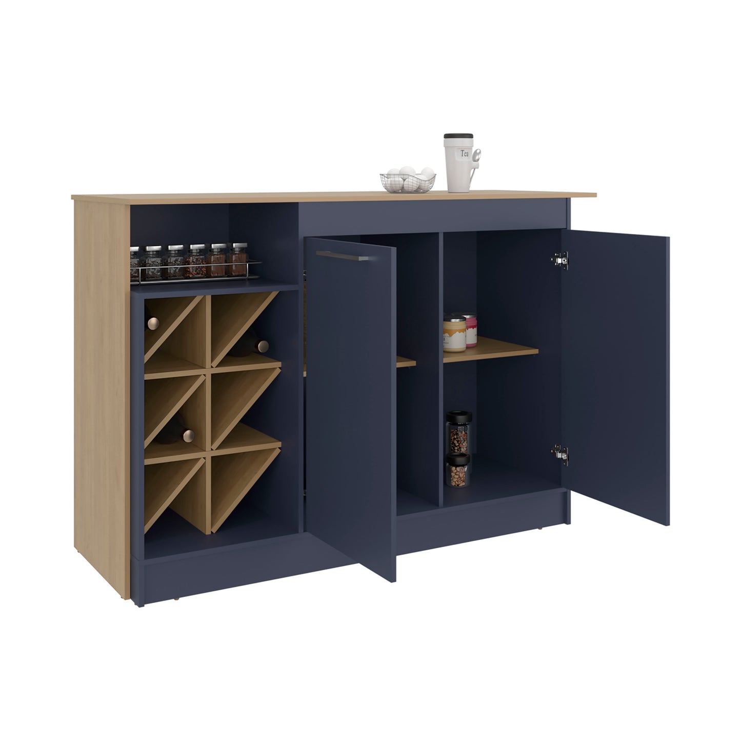 Lugano Kitchen Island with Open Shelves, Side Compartments For Bottles, Spacious Storage and Counter Space for Kitchen Organization