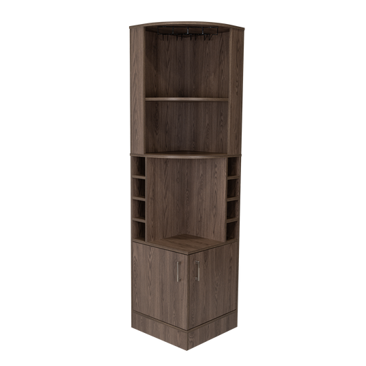 Tuhome Syrah Corner Bar Cabinet with Two External Shelves, Stemware Rack, Eight Cubbies, Modern Design for Living Room or Home Bar