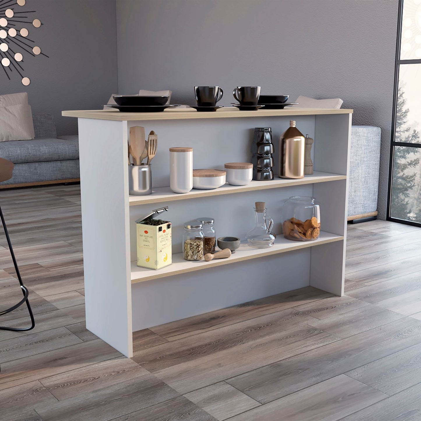 Fendi Kitchen Island with Open Down Shelves, Storage Cabinets, and Top Counter Space For A Modern Style Kitchen or Coffee Station