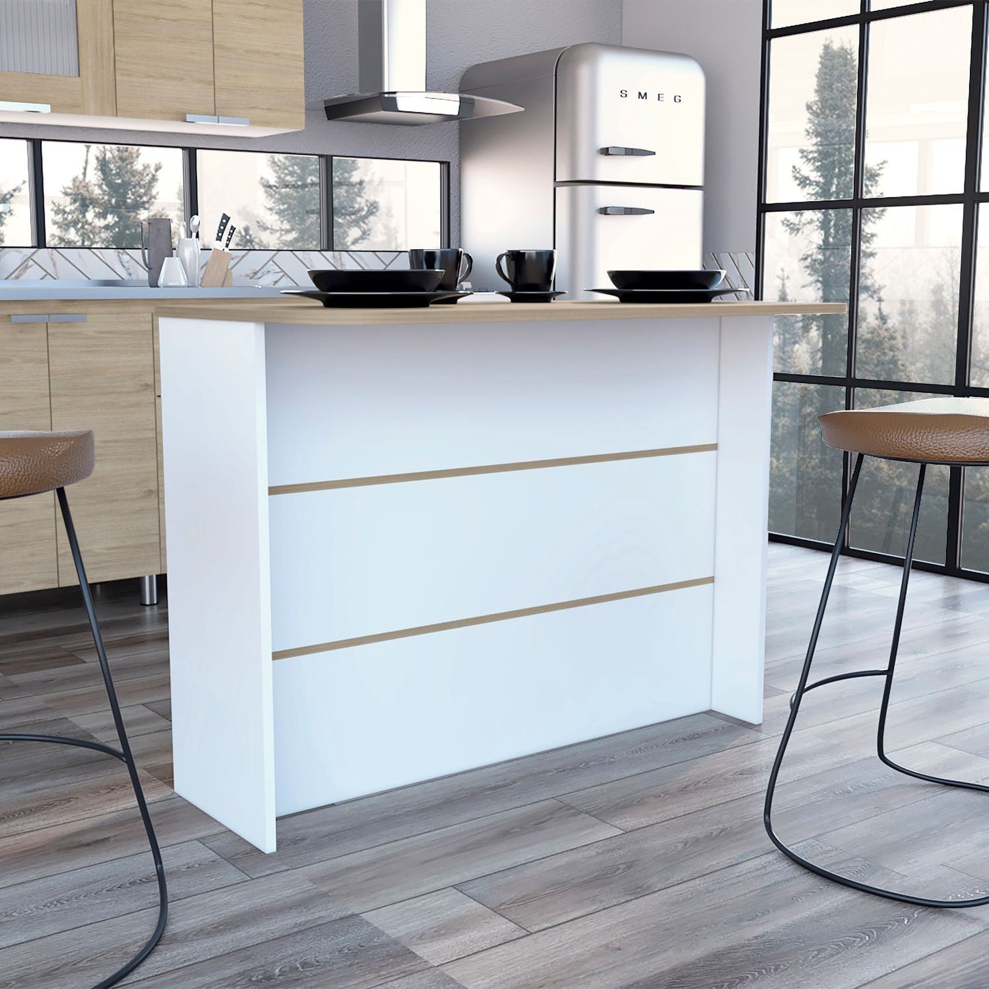 Fendi Kitchen Island with Open Down Shelves, Storage Cabinets, and Top Counter Space For A Modern Style Kitchen or Coffee Station