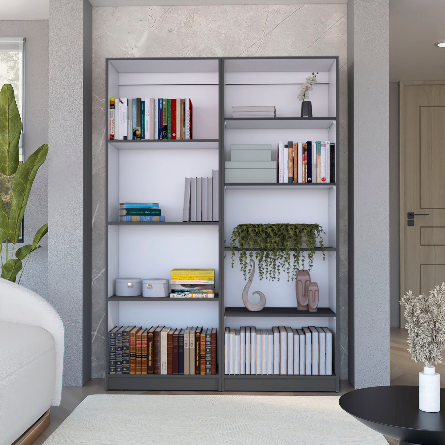 Bookcase Double Column Desing, Large Storage Display, Matt Gray / White