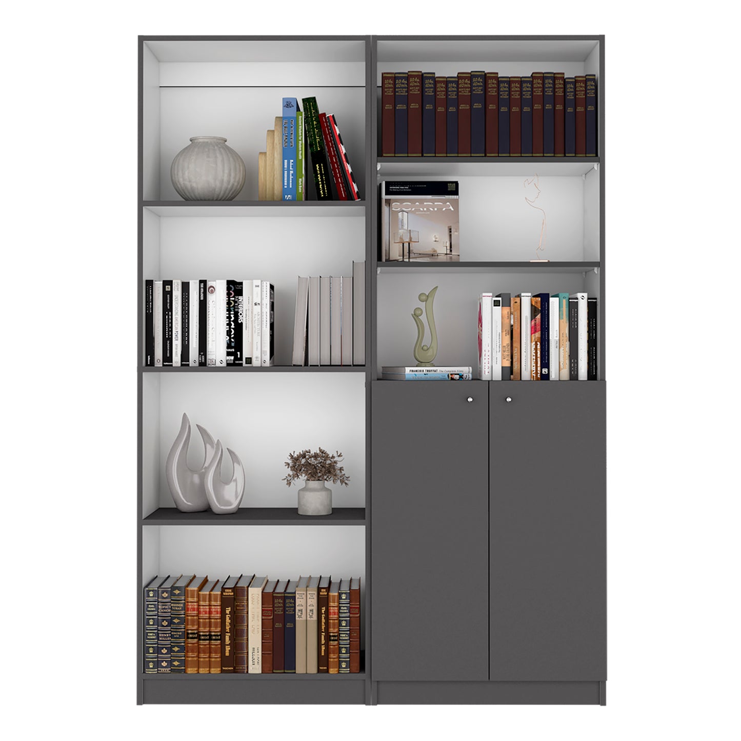 2 Piece Bookcase, Living Room Set, Matt Gray / White