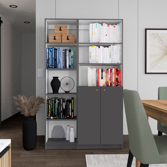 Micco 2 Piece Asymmetrical Bookcase for Living Room, Matt Gray / White