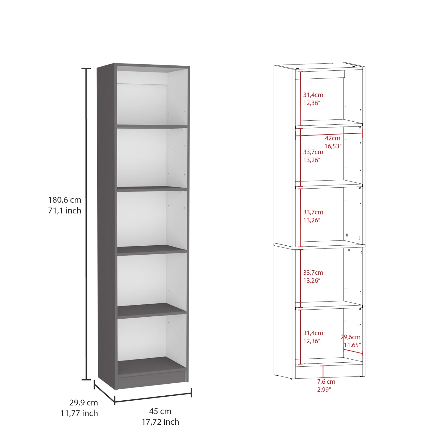 Ocala 3 Piece Living Room Bookcase, Matt Gray / White