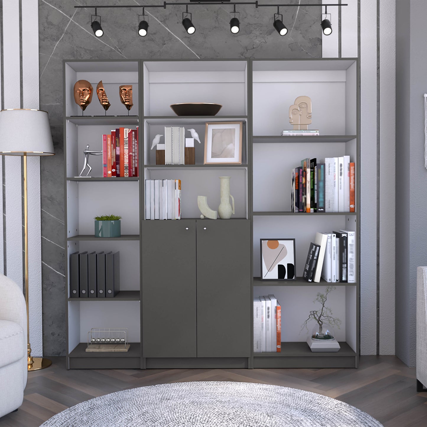 Pooler 3 Piece Bookcase Living Room Set, Matt Gray / White