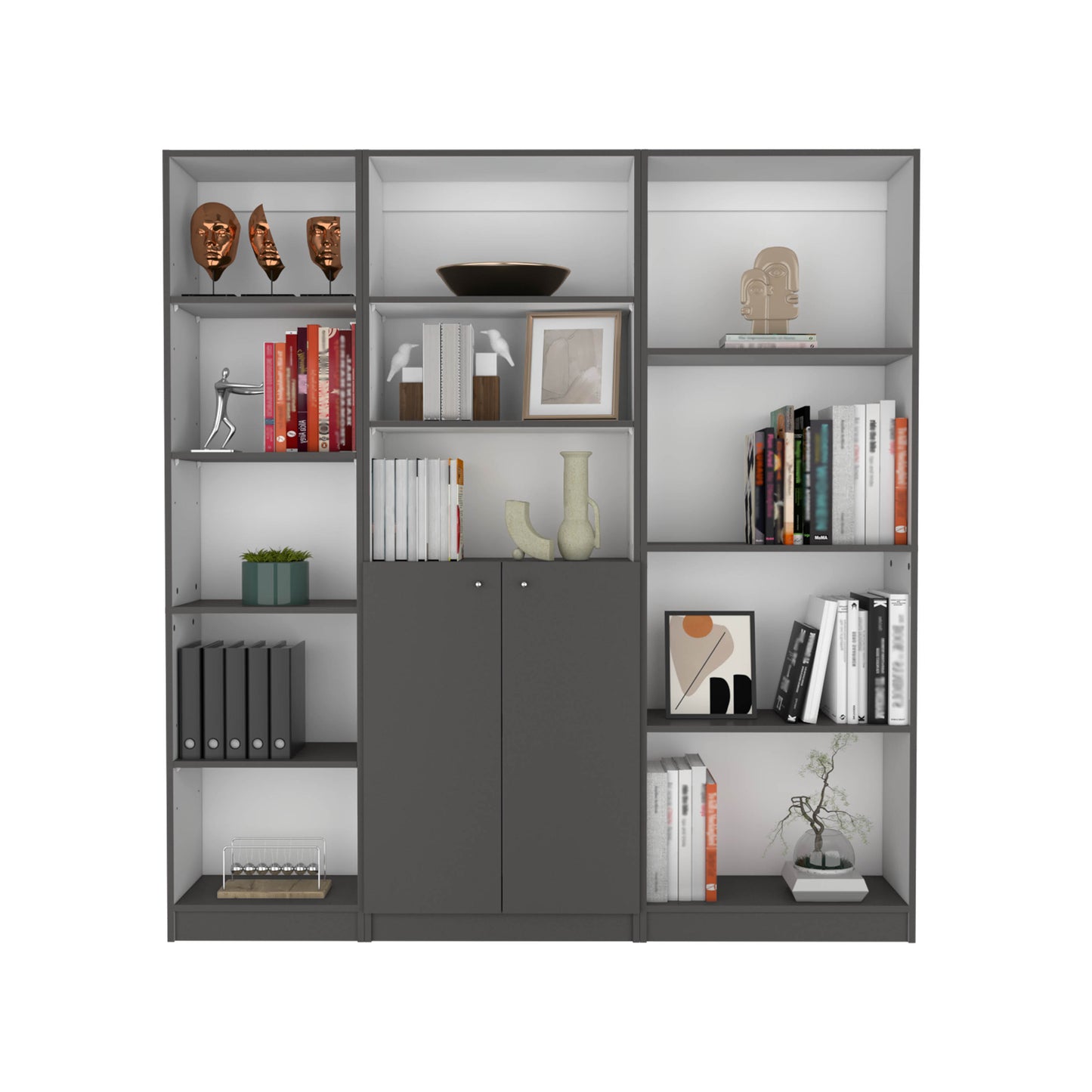 Pooler 3 Piece Bookcase Living Room Set, Matt Gray / White