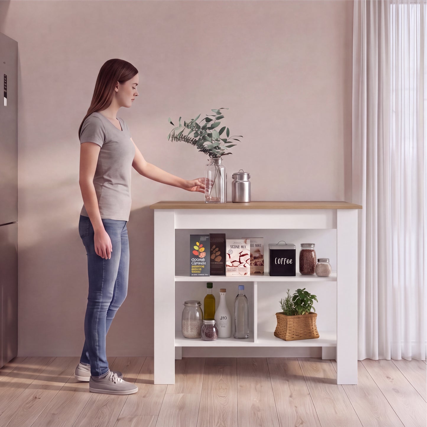 Tuhome Cala Kitchen Island with Spacious Tabletop, Three Open Storage Shelves, Four Sturdy Legs and Comfortable Meal Prep Workstation Design for Modern, Functional and Organized Everyday Culinary Spaces