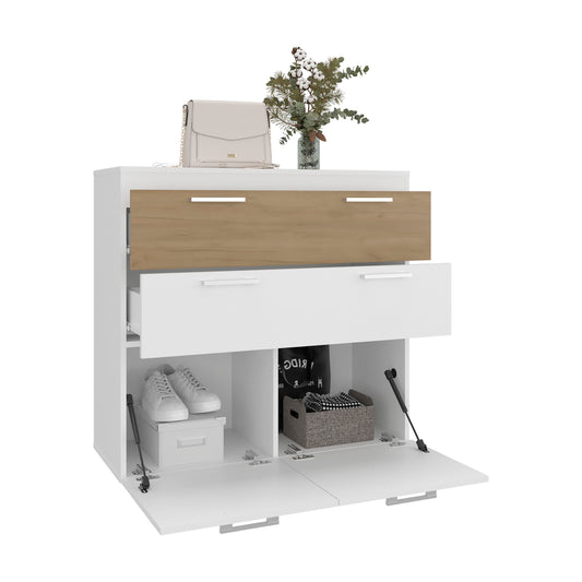 White and wood shoe cabinet with open doors showing shoes and storage items on a white background