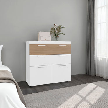 White and wood dresser in a bedroom with a bed and window in the background