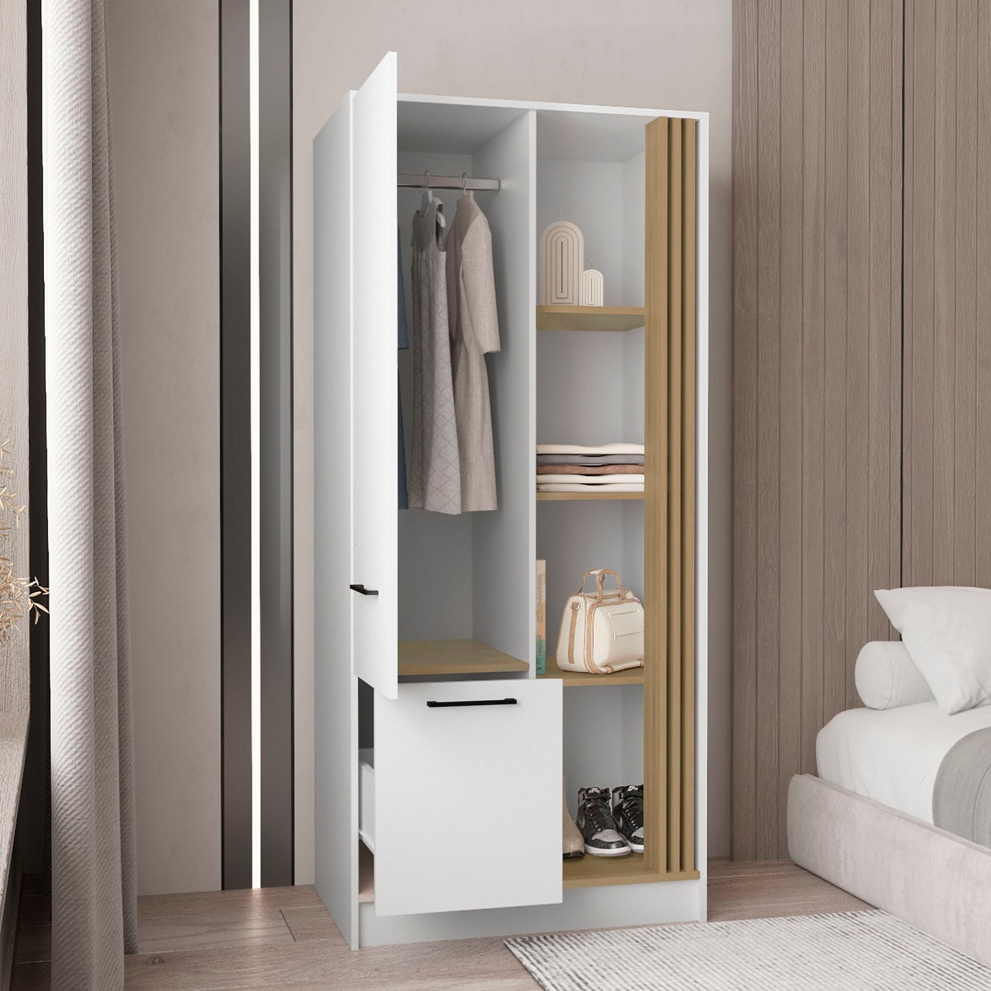 Vance Armoire With Double Doors, Interior Hanging Rod And Shelves, Freestanding Modern Wardrobe Closet