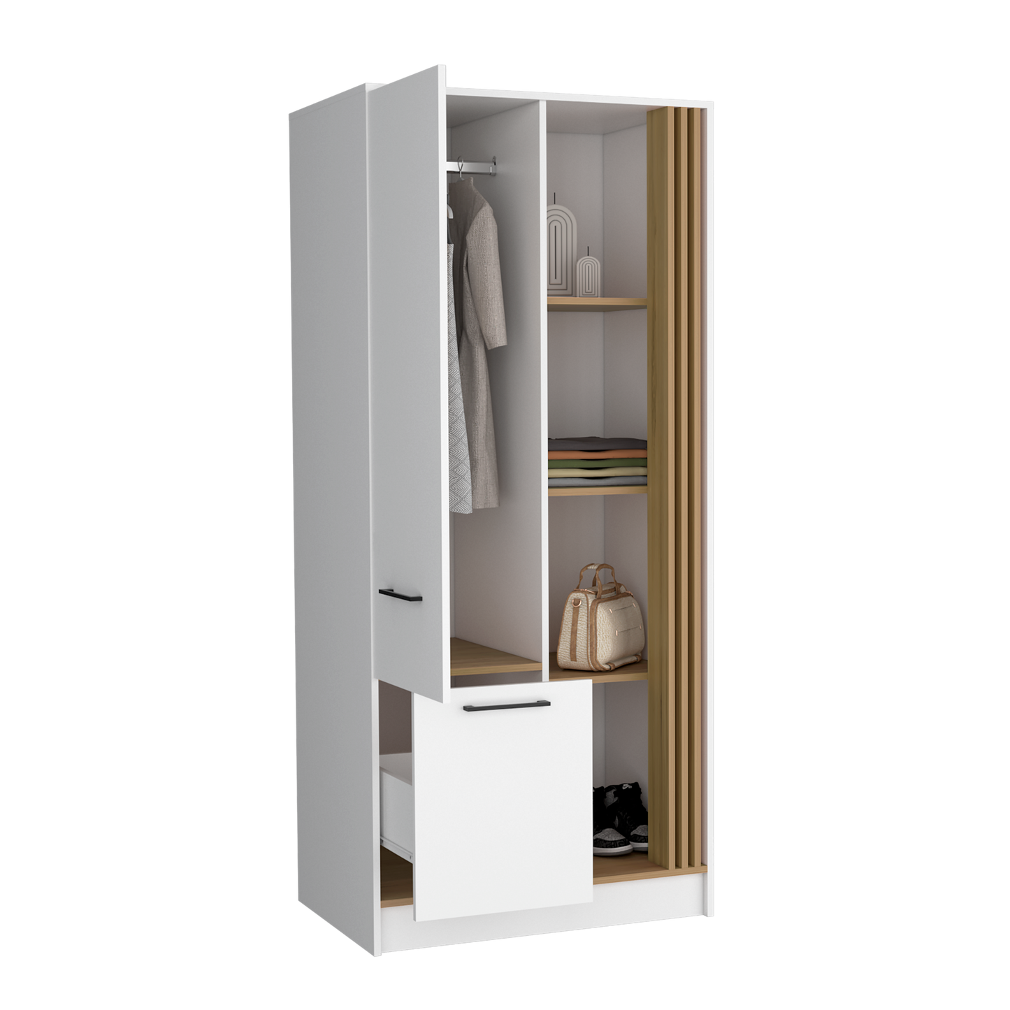 Vance Armoire With Double Doors, Interior Hanging Rod And Shelves, Freestanding Modern Wardrobe Closet