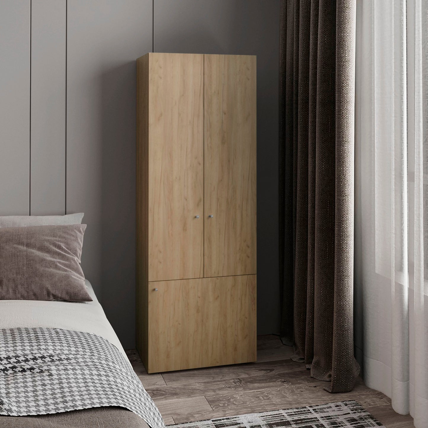 Home 3 Door Closet System with Hanging Rod for clothes and interior Shelves, Manufactured Wood Freestanding Bedroom Storage, Utility Room or Laundry Room Furniture