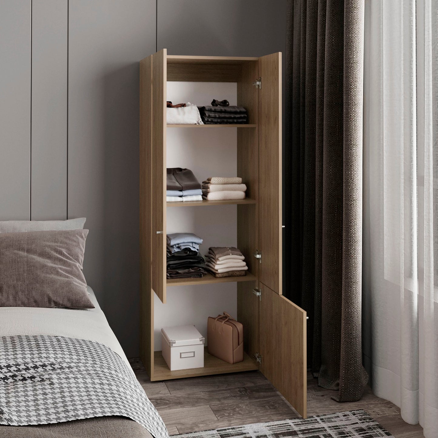 Home 3 Door Closet System with Hanging Rod for clothes and interior Shelves, Manufactured Wood Freestanding Bedroom Storage, Utility Room or Laundry Room Furniture