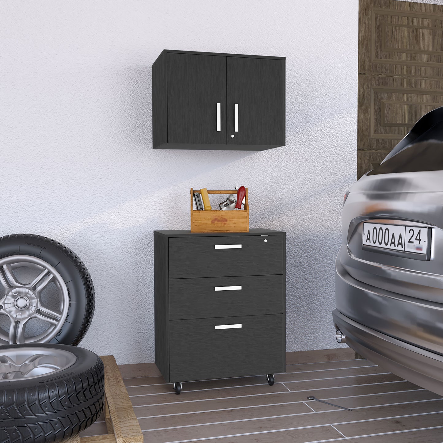 Borgata 2 Piece Garage Set, Wall Cabinet + Drawer Base Cabinet, Black Wengue Finish
