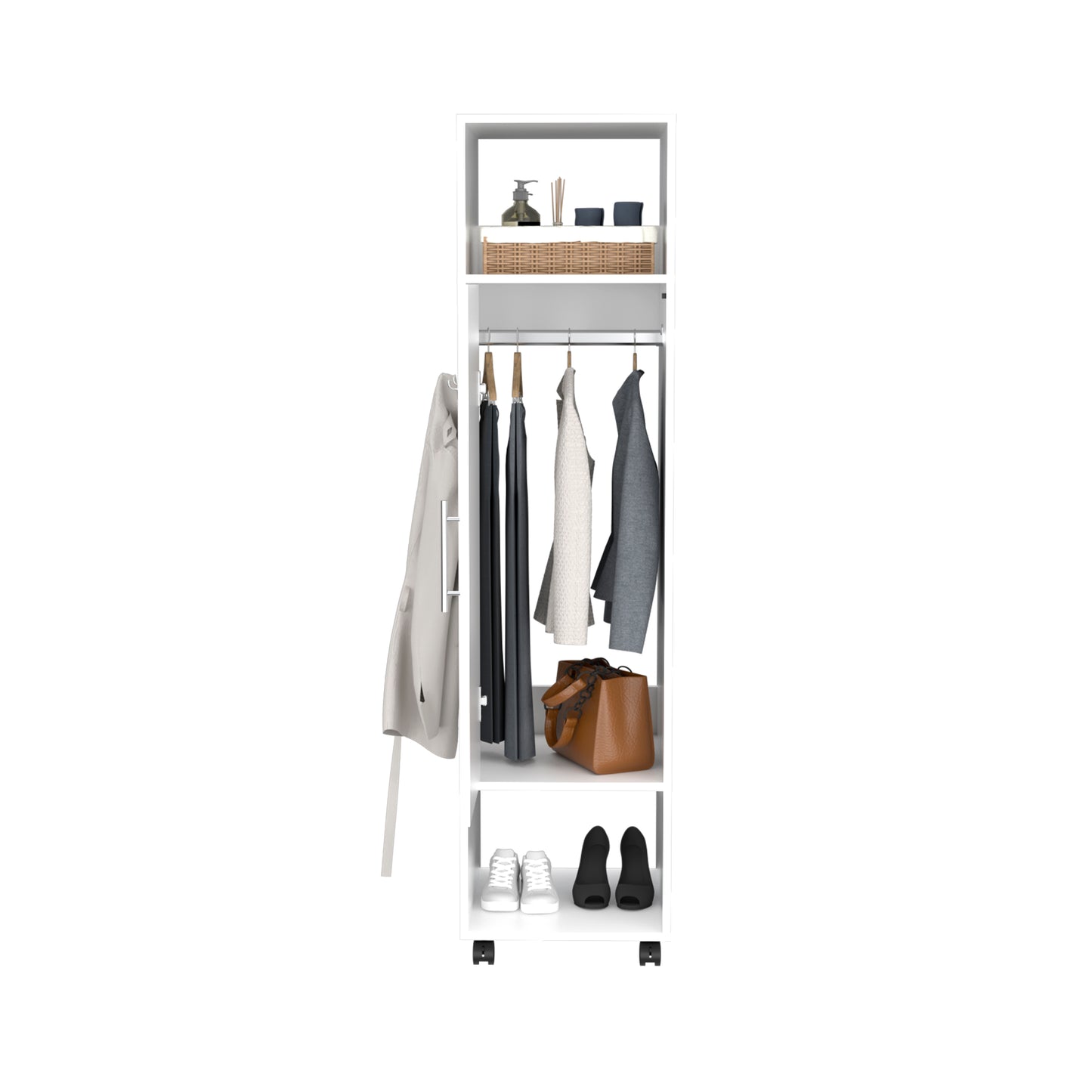 Cluster 63" Tall Wardrove with Mirror, Three Shelves, Casters and Hanging Rod, Armoire, Bedroom Clothes Storage, Cabinet Organizer