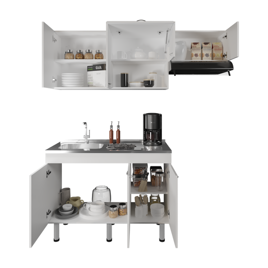 Oceana Kitchen Top Cabinet with Stainless Steel Utility Sink Set, Three-Door Base Cabinet, Five-Door Top Wall Cabinet with Eight Total Shelves, Versatile Storage and Workspace Solution for Kitchen Organization and Efficiency
