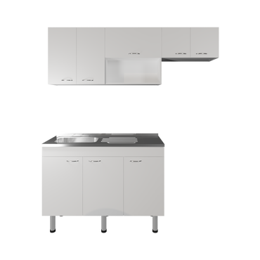 Oceana Kitchen Top Cabinet with Stainless Steel Utility Sink Set, Three-Door Base Cabinet, Five-Door Top Wall Cabinet with Eight Total Shelves, Versatile Storage and Workspace Solution for Kitchen Organization and Efficiency