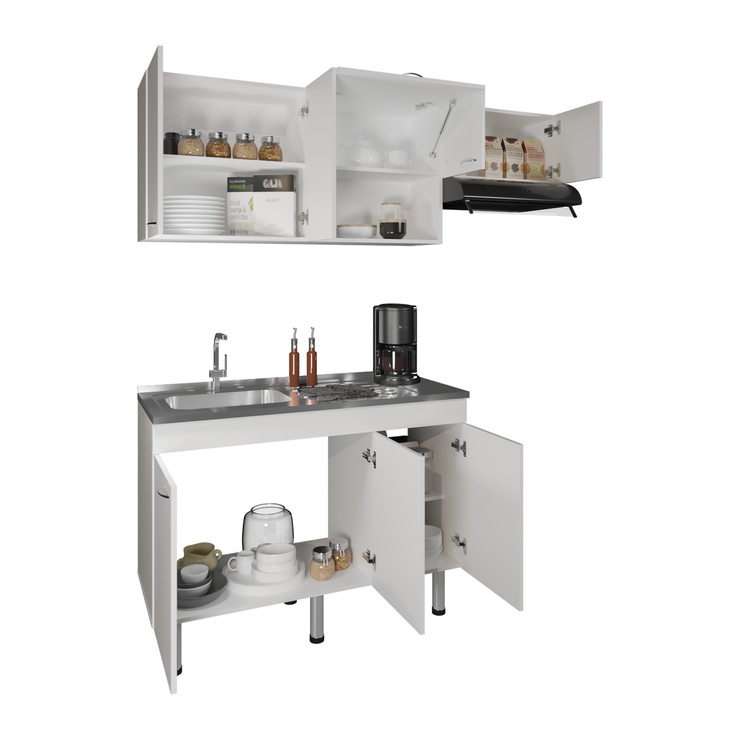 Oceana 2-Pc Kitchen Cabinet Set With Stainless Steel Sink, Eigth Shelves, Three-Door Base Cabinet , Five-Door Wall Cabinet, Kitchen, Storage Cabinet, Garage