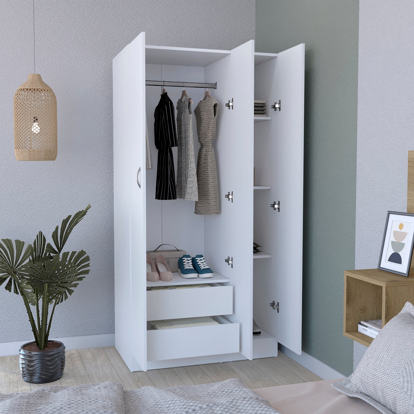 Ohio Armoire Wardrobe with 3-Doors, 2-Drawers, 4-Tier Shelves