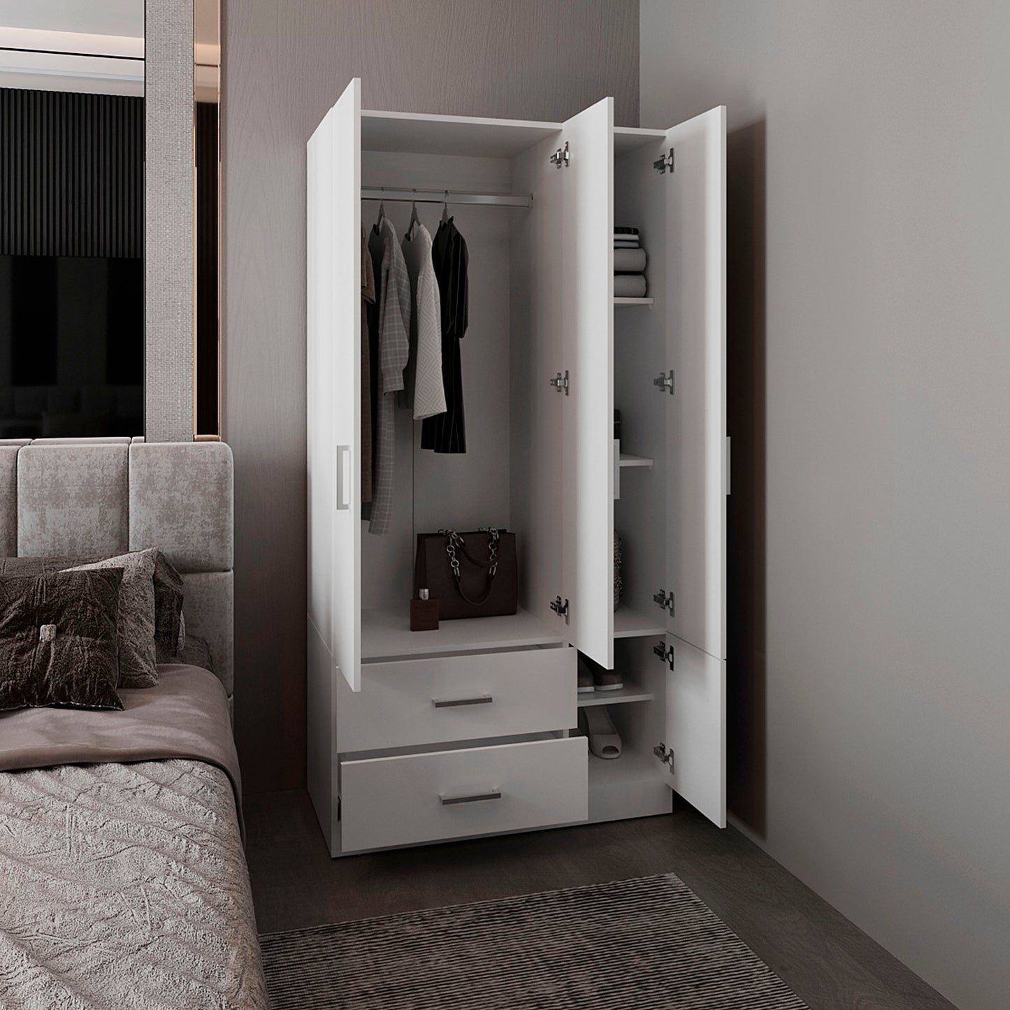 Sebree 71" High Armoire Wardrove Closet with 2 Drawers, Four Doors , Three Cabinet , Six Shelves and Hanging Rod, Bedroom Clothes Storage Cabinet Organizer